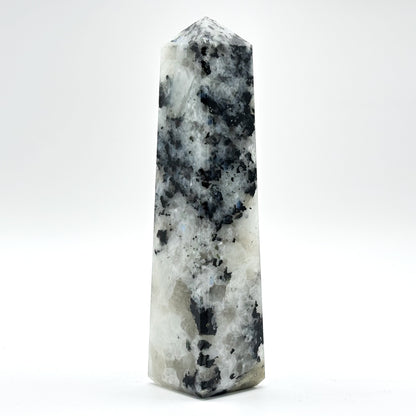 Rainbow Moonstone Crystal Tower Point with Black Tourmaline Inclusions, Healing Crystal Wand for Energy, Meditation & Home Decor - RPO507