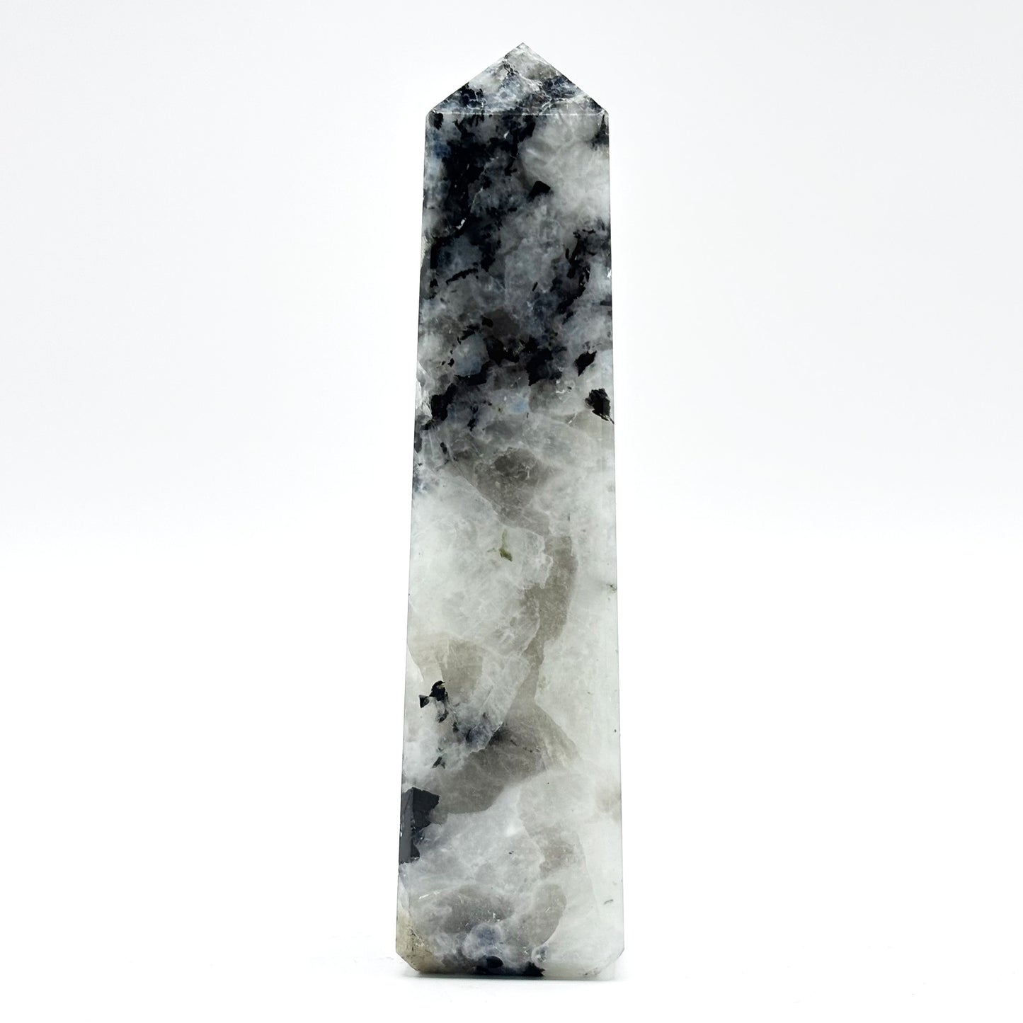 Rainbow Moonstone Crystal Tower Point with Black Tourmaline Inclusions, Healing Crystal Wand for Energy, Meditation & Home Decor - RPO507