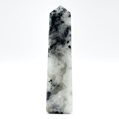 Rainbow Moonstone Crystal Tower Point with Black Tourmaline Inclusions, Healing Crystal Wand for Energy, Meditation & Home Decor - RPO507