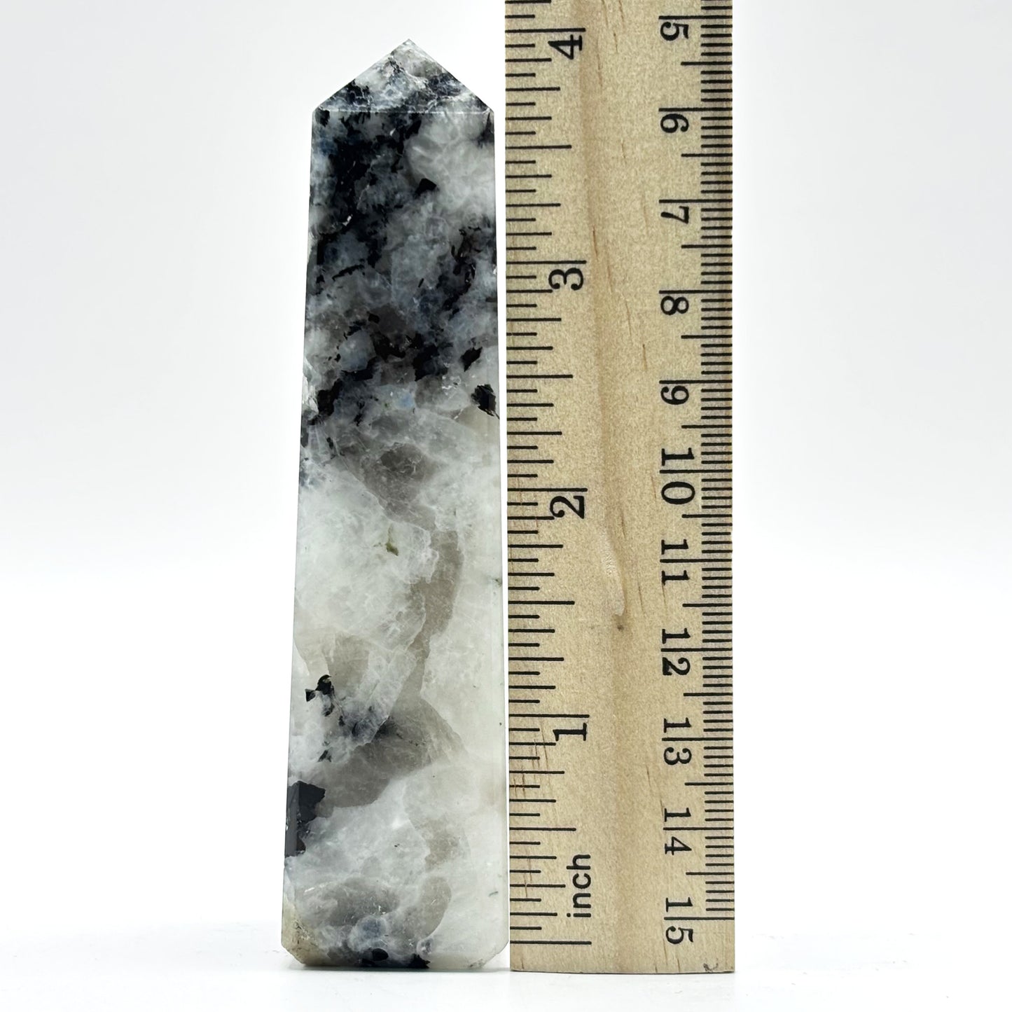 Rainbow Moonstone Crystal Tower Point with Black Tourmaline Inclusions, Healing Crystal Wand for Energy, Meditation & Home Decor - RPO507