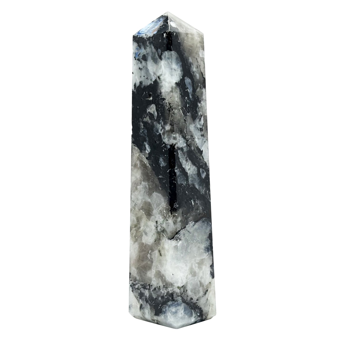 Rainbow Moonstone Crystal Tower Point with Black Tourmaline Inclusions, Healing Crystal Wand for Energy, Meditation & Home Decor - RPO507