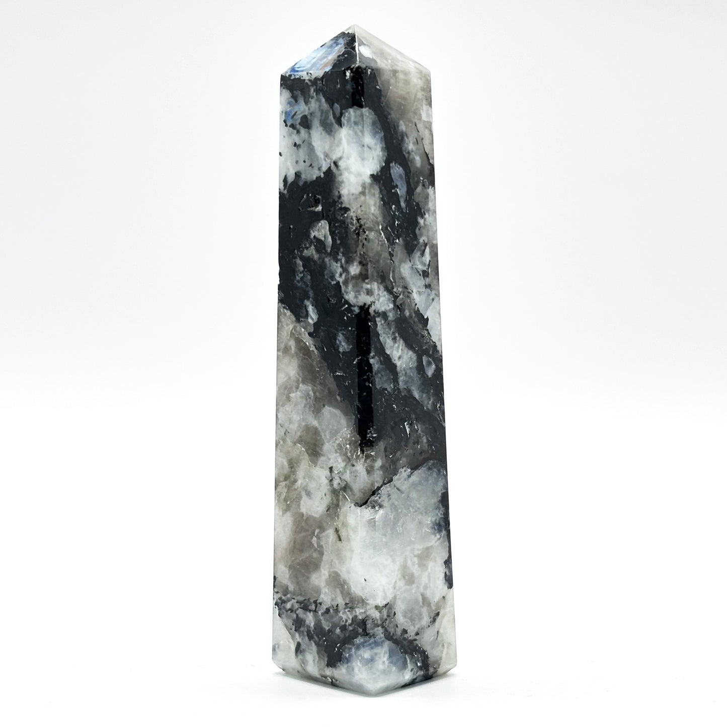 Rainbow Moonstone Crystal Tower Point with Black Tourmaline Inclusions, Healing Crystal Wand for Energy, Meditation & Home Decor - RPO507