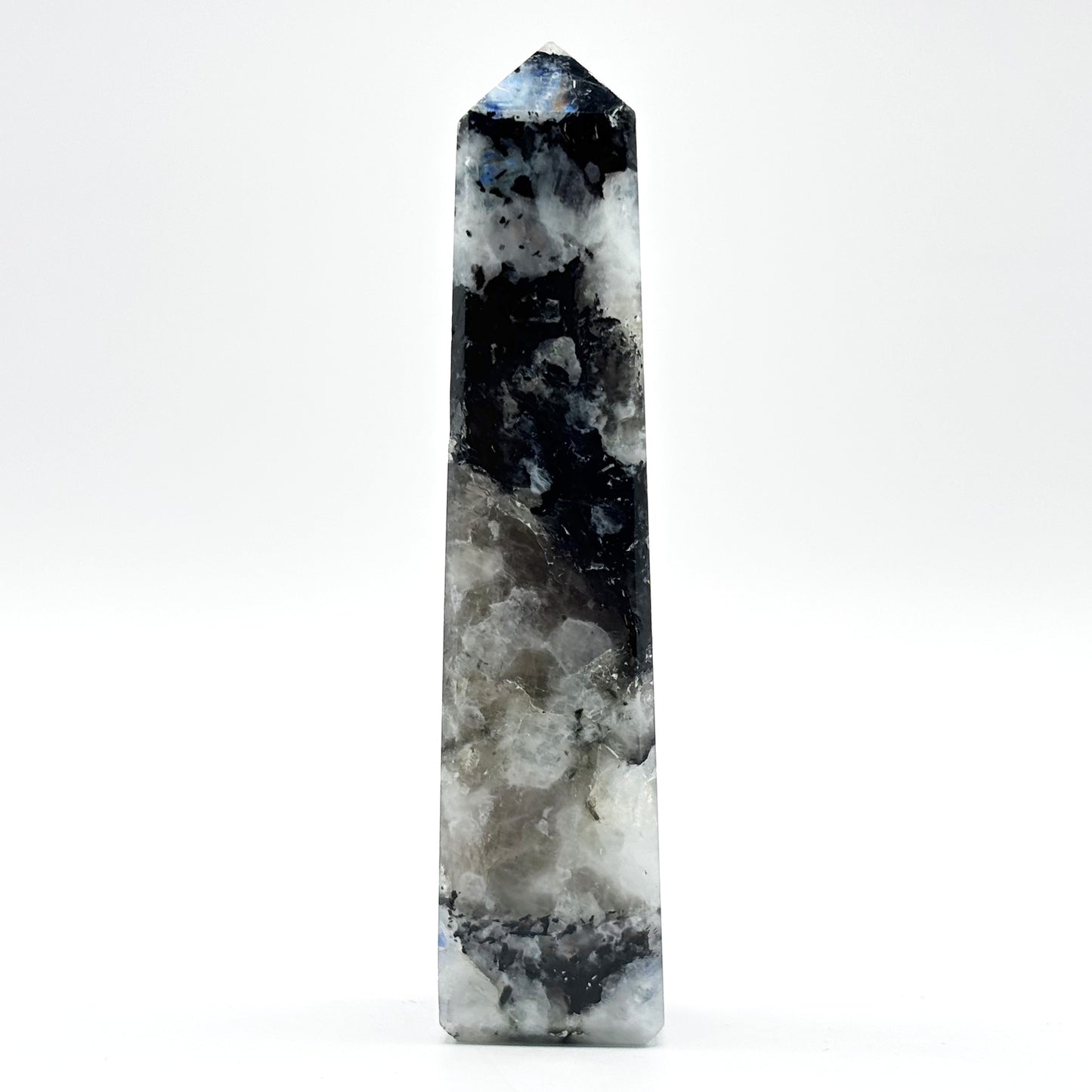 Rainbow Moonstone Crystal Tower Point with Black Tourmaline Inclusions, Healing Crystal Wand for Energy, Meditation & Home Decor - RPO507