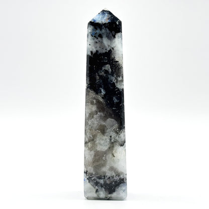 Rainbow Moonstone Crystal Tower Point with Black Tourmaline Inclusions, Healing Crystal Wand for Energy, Meditation & Home Decor - RPO507