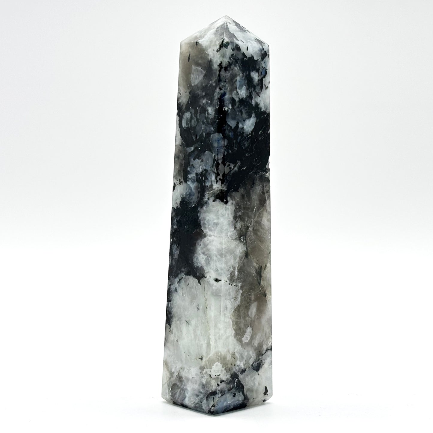 Rainbow Moonstone Crystal Tower Point with Black Tourmaline Inclusions, Healing Crystal Wand for Energy, Meditation & Home Decor - RPO507