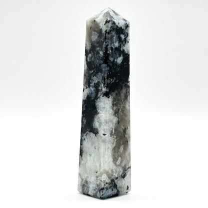Rainbow Moonstone Crystal Tower Point with Black Tourmaline Inclusions, Healing Crystal Wand for Energy, Meditation & Home Decor - RPO507