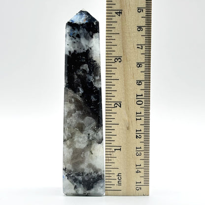 Rainbow Moonstone Crystal Tower Point with Black Tourmaline Inclusions, Healing Crystal Wand for Energy, Meditation & Home Decor - RPO507