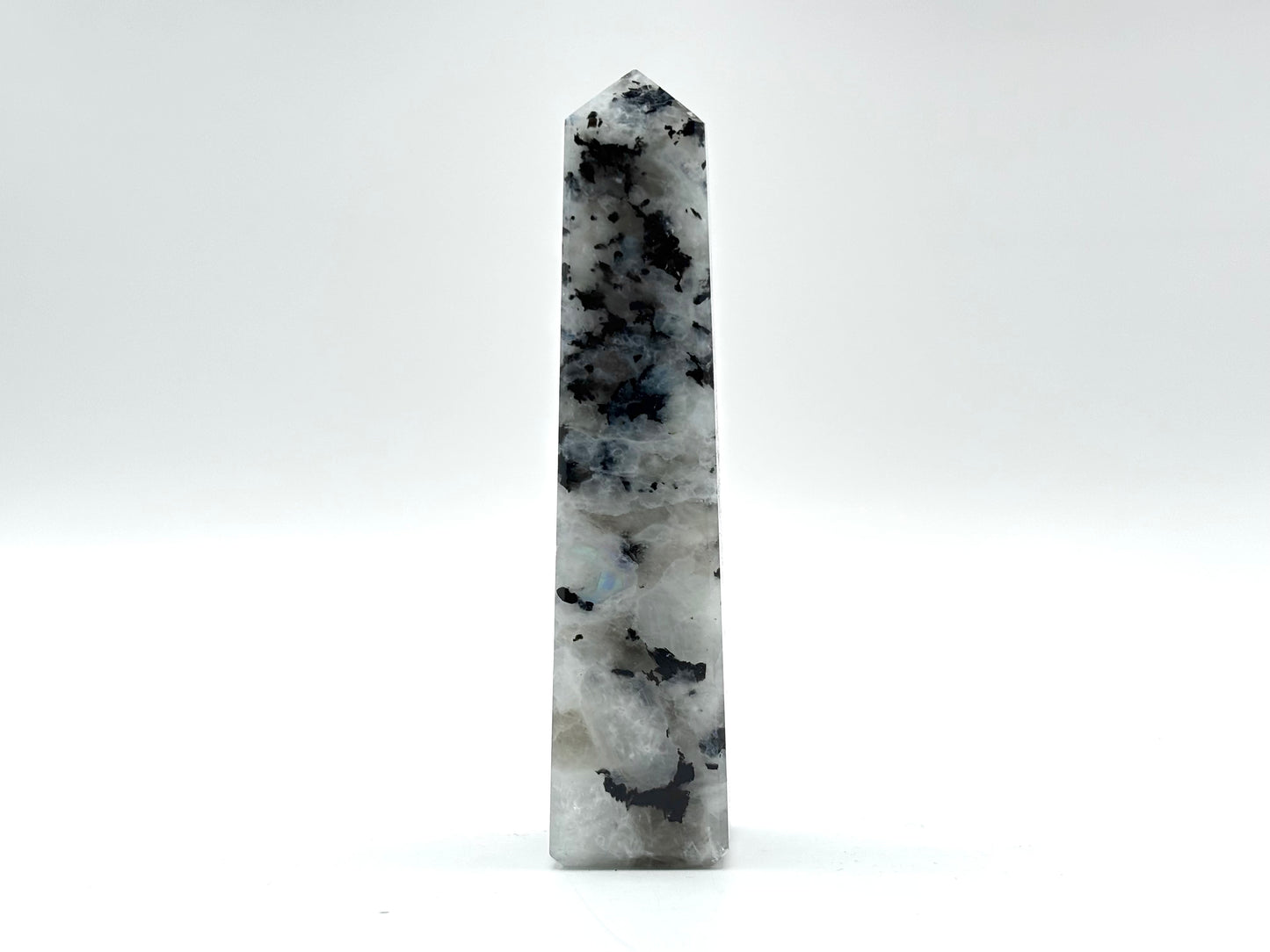 Rainbow Moonstone Crystal Tower Point with Black Tourmaline Inclusions, Healing Crystal Wand for Energy, Meditation & Home Decor
