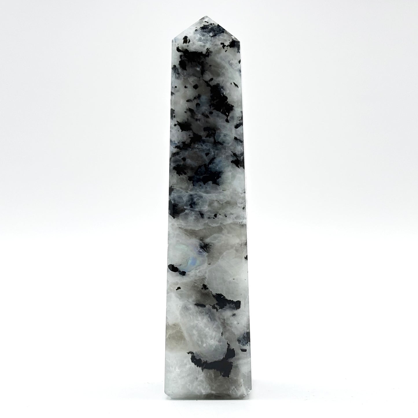 Rainbow Moonstone Crystal Tower Point with Black Tourmaline Inclusions, Healing Crystal Wand for Energy, Meditation & Home Decor - RPO507