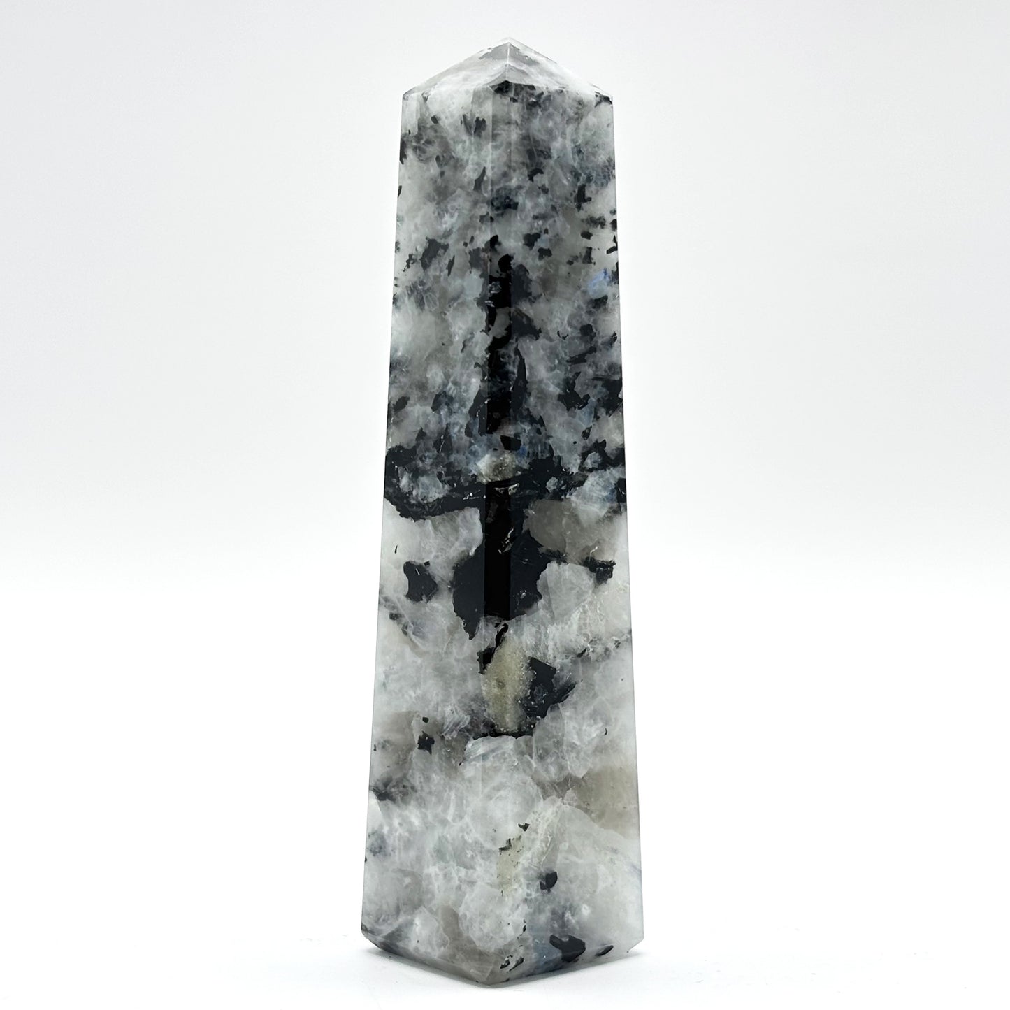 Rainbow Moonstone Crystal Tower Point with Black Tourmaline Inclusions, Healing Crystal Wand for Energy, Meditation & Home Decor - RPO507