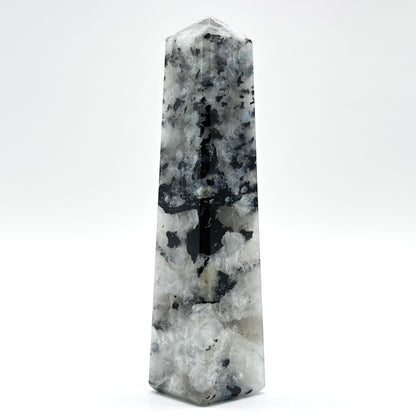Rainbow Moonstone Crystal Tower Point with Black Tourmaline Inclusions, Healing Crystal Wand for Energy, Meditation & Home Decor - RPO507