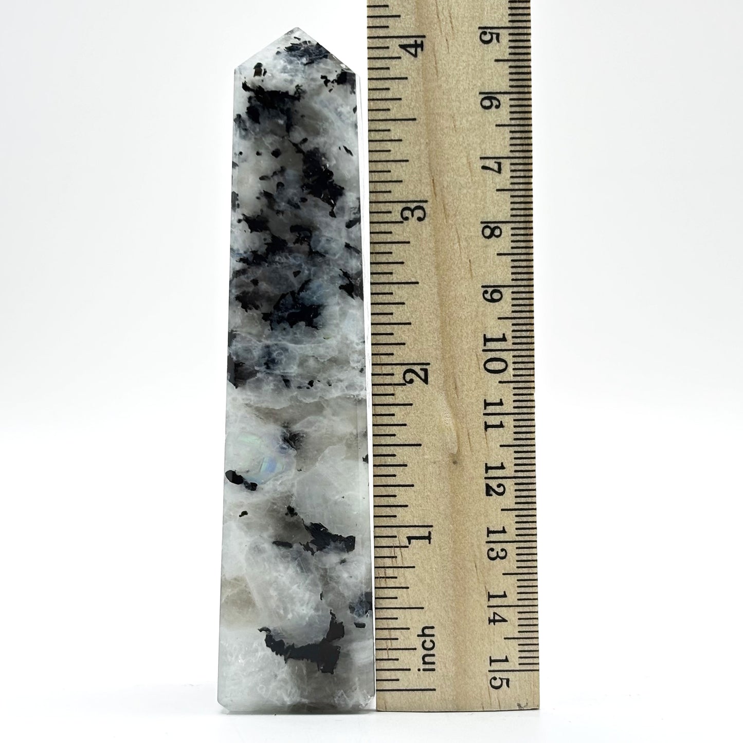 Rainbow Moonstone Crystal Tower Point with Black Tourmaline Inclusions, Healing Crystal Wand for Energy, Meditation & Home Decor - RPO507