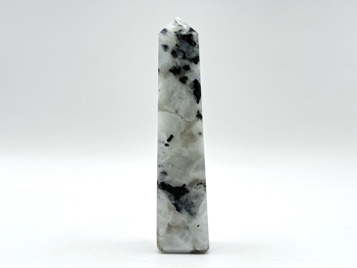 Rainbow Moonstone Crystal Tower Point with Black Tourmaline Inclusions, Healing Crystal Wand for Energy, Meditation & Home Decor