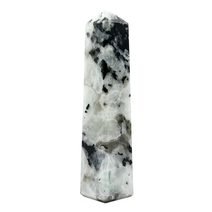 Rainbow Moonstone Crystal Tower Point with Black Tourmaline Inclusions, Healing Crystal Wand for Energy, Meditation & Home Decor - RPO507