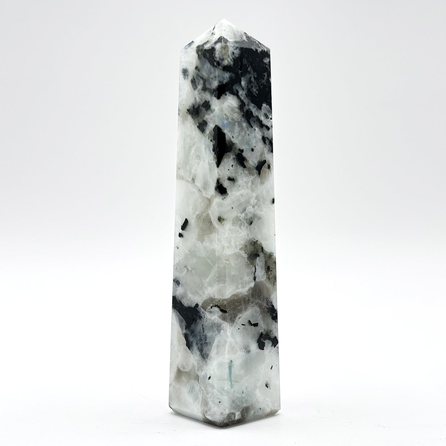 Rainbow Moonstone Crystal Tower Point with Black Tourmaline Inclusions, Healing Crystal Wand for Energy, Meditation & Home Decor - RPO507