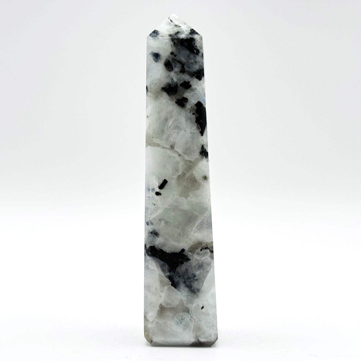 Rainbow Moonstone Crystal Tower Point with Black Tourmaline Inclusions, Healing Crystal Wand for Energy, Meditation & Home Decor - RPO507
