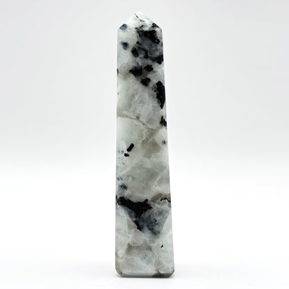 Rainbow Moonstone Crystal Tower Point with Black Tourmaline Inclusions, Healing Crystal Wand for Energy, Meditation & Home Decor - RPO507