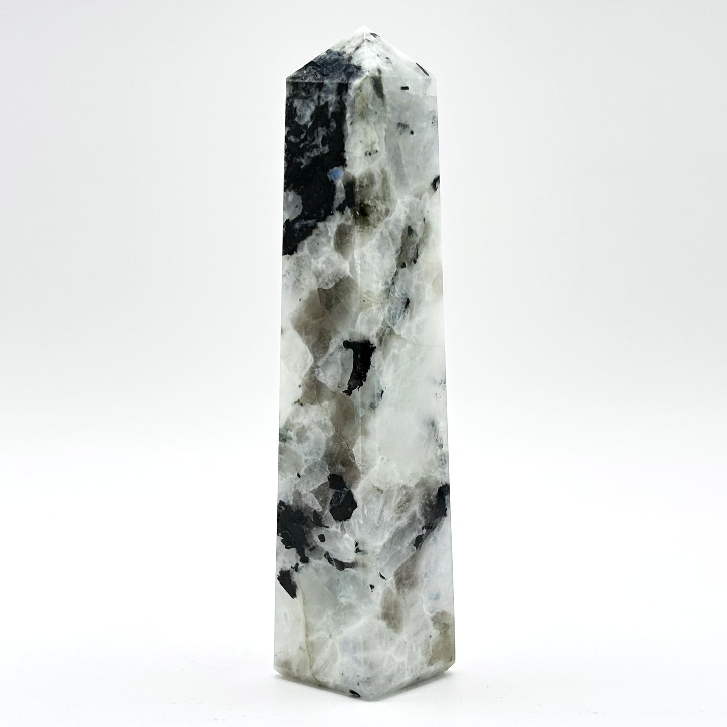 Rainbow Moonstone Crystal Tower Point with Black Tourmaline Inclusions, Healing Crystal Wand for Energy, Meditation & Home Decor - RPO507