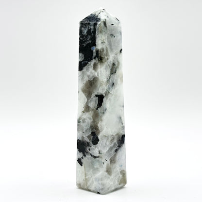 Rainbow Moonstone Crystal Tower Point with Black Tourmaline Inclusions, Healing Crystal Wand for Energy, Meditation & Home Decor - RPO507