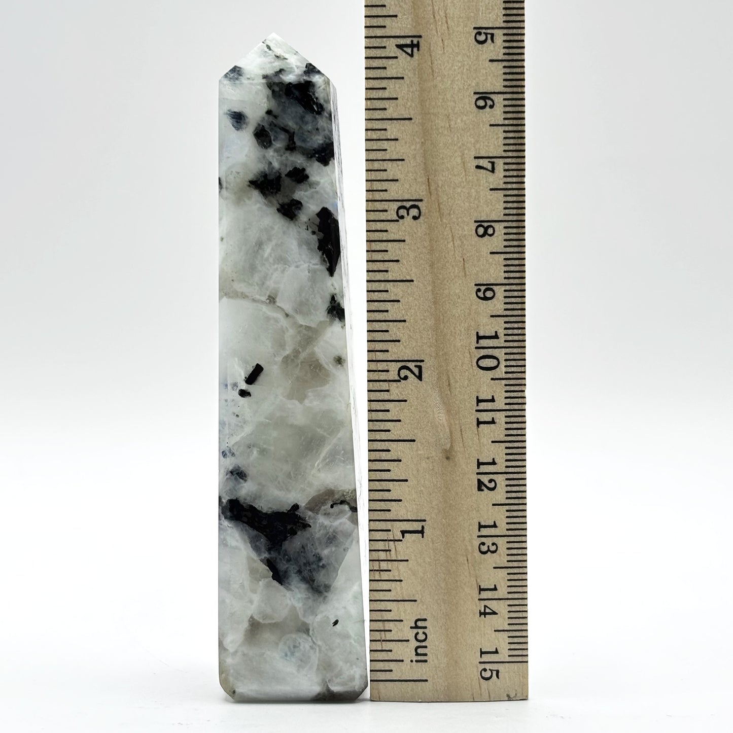 Rainbow Moonstone Crystal Tower Point with Black Tourmaline Inclusions, Healing Crystal Wand for Energy, Meditation & Home Decor - RPO507