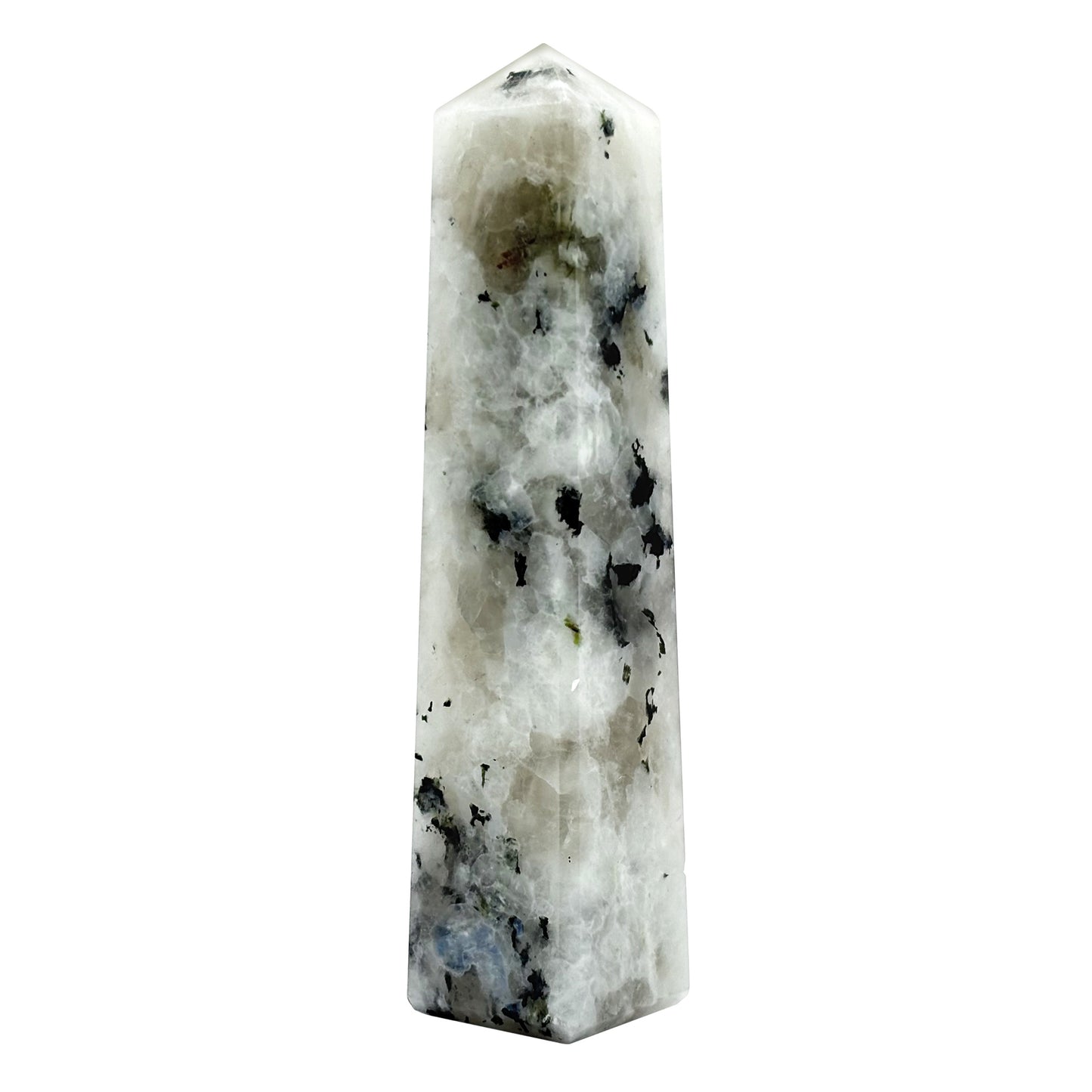 Rainbow Moonstone Crystal Tower Point with Black Tourmaline Inclusions, Healing Crystal Wand for Energy, Meditation & Home Decor - RPO507