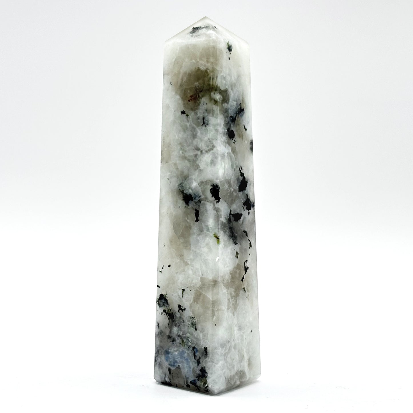 Rainbow Moonstone Crystal Tower Point with Black Tourmaline Inclusions, Healing Crystal Wand for Energy, Meditation & Home Decor - RPO507
