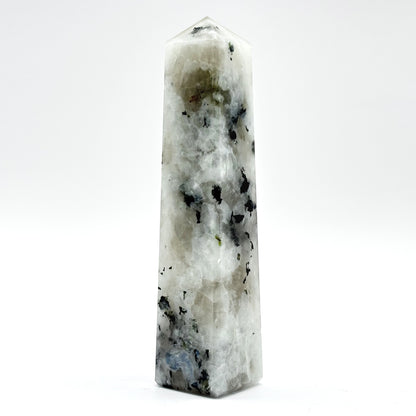 Rainbow Moonstone Crystal Tower Point with Black Tourmaline Inclusions, Healing Crystal Wand for Energy, Meditation & Home Decor - RPO507