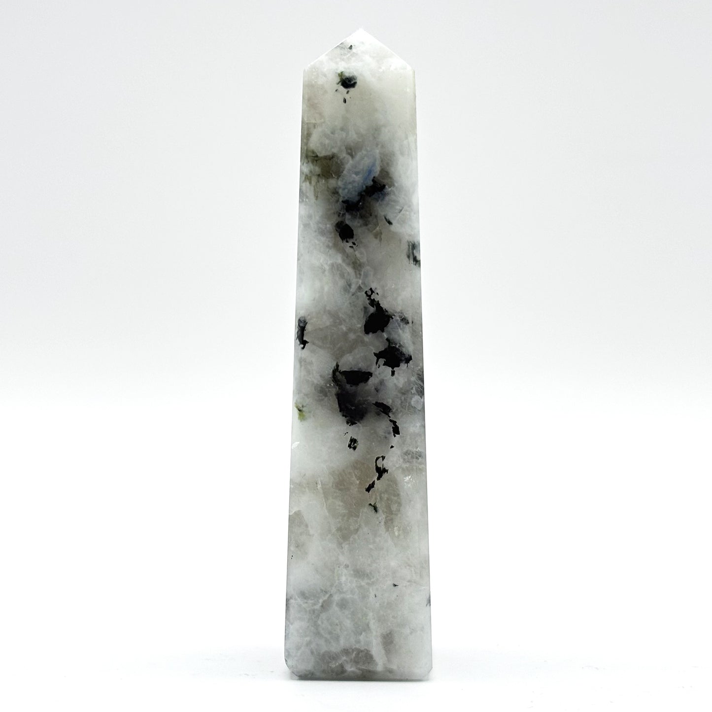 Rainbow Moonstone Crystal Tower Point with Black Tourmaline Inclusions, Healing Crystal Wand for Energy, Meditation & Home Decor - RPO507