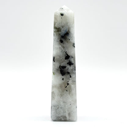 Rainbow Moonstone Crystal Tower Point with Black Tourmaline Inclusions, Healing Crystal Wand for Energy, Meditation & Home Decor - RPO507