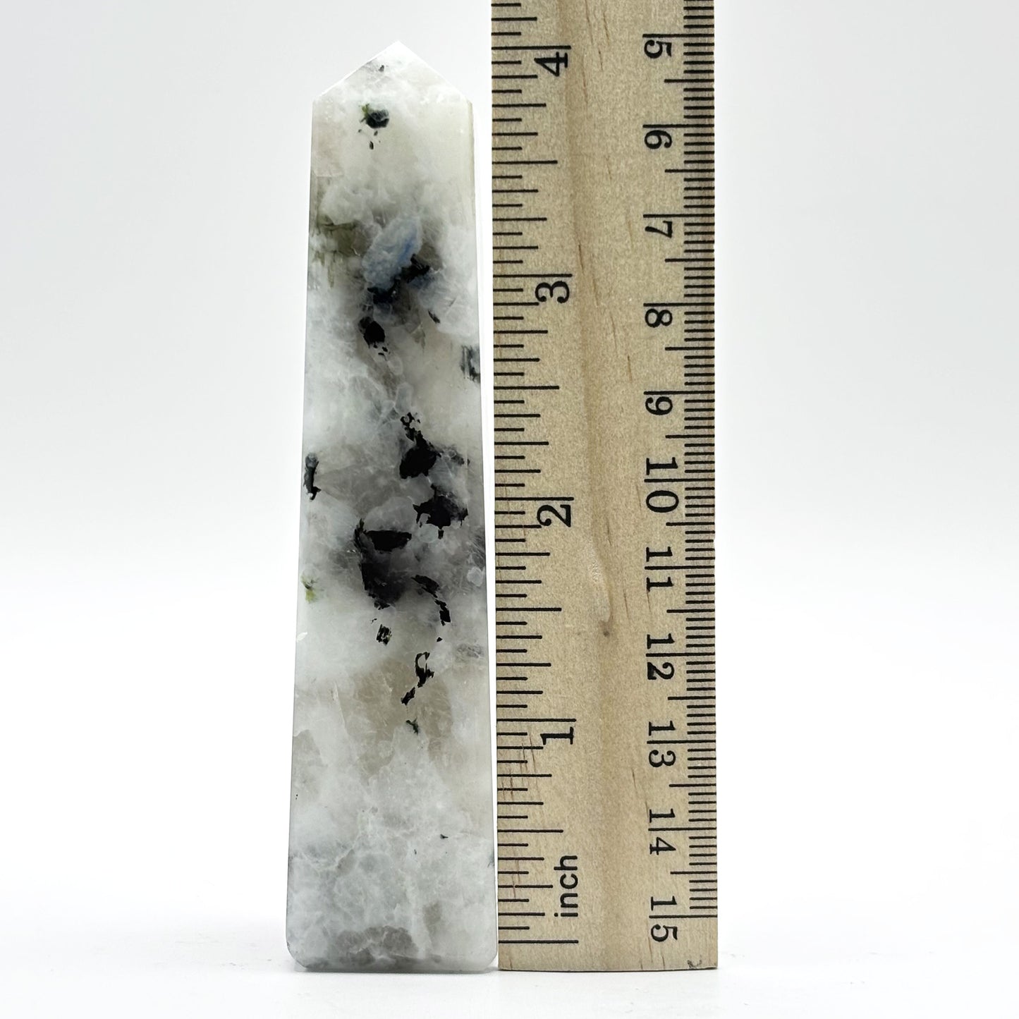 Rainbow Moonstone Crystal Tower Point with Black Tourmaline Inclusions, Healing Crystal Wand for Energy, Meditation & Home Decor - RPO507