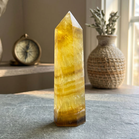 Natural Yellow Fluorite Crystal Obelisk Tower Point for Energy Healing, Focus, Meditation & Elegant Home or Office Decor - RPO518