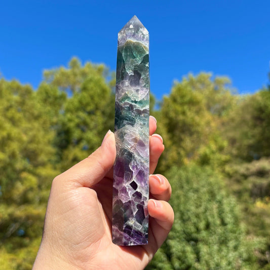 Natural Rainbow Fluorite Crystal Obelisk Tower Point for Energy Healing, Focus, Meditation & Elegant Home or Office Decor - RPO519