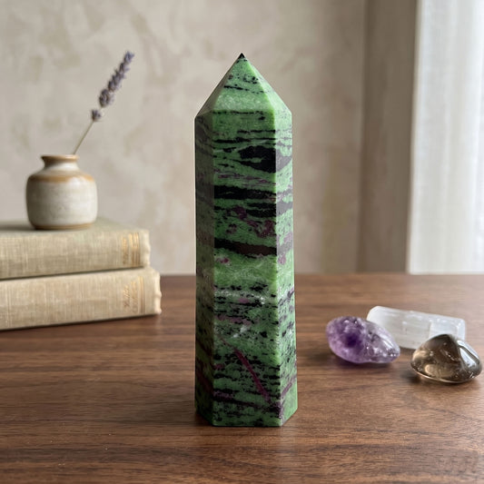 Natural Ruby Zoisite Crystal Obelisk Tower Point for Energy Healing, Meditation, Focus & Home Decor - RPO521