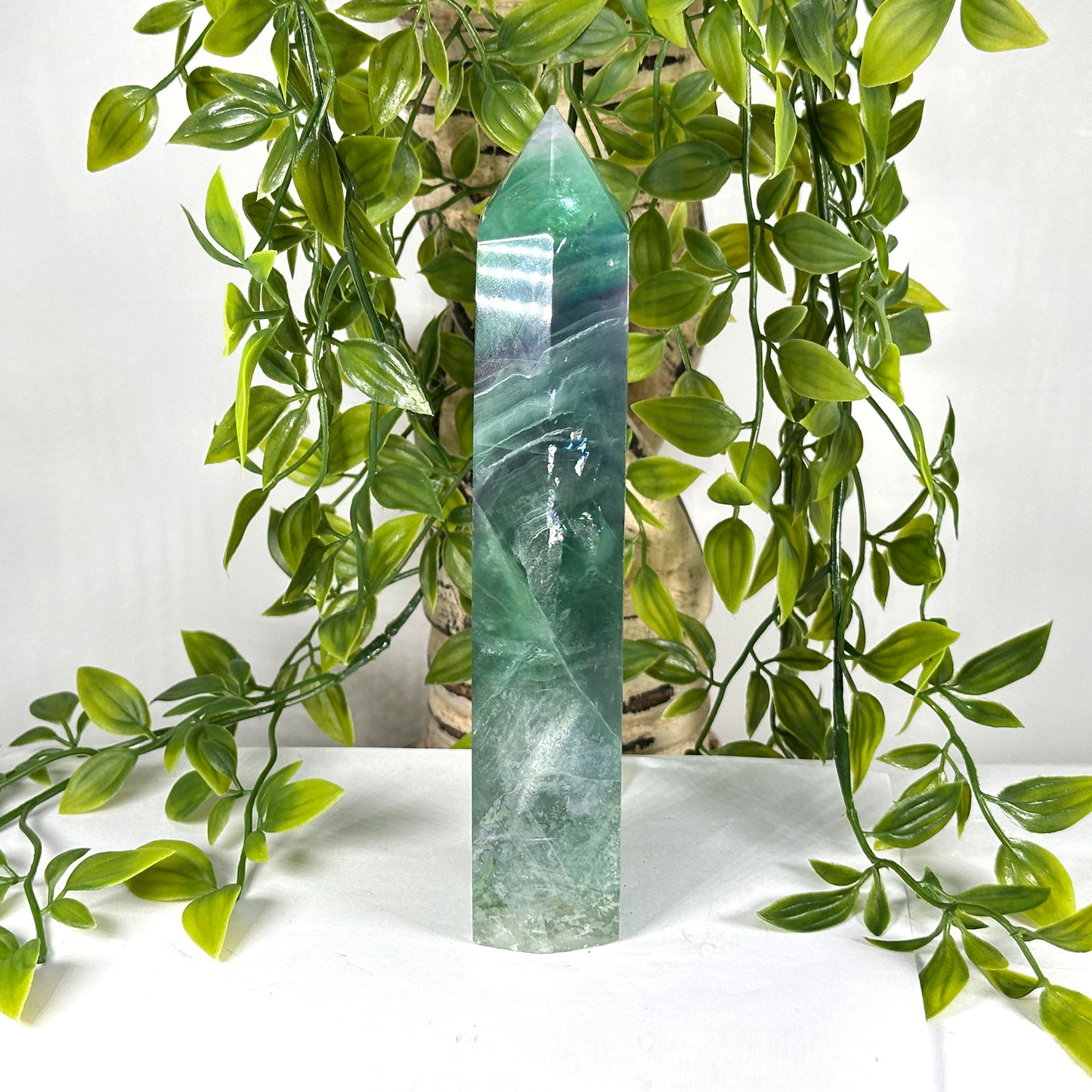 Natural Fluorite Crystal Tower Point Green & Purple Banded Healing Stone - RPO524