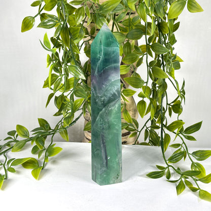 Natural Fluorite Crystal Tower Point Green & Purple Banded Healing Stone - RPO524