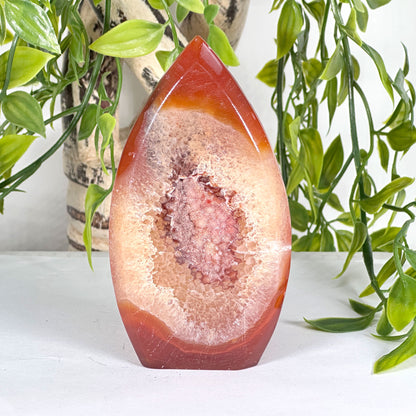 Natural Carnelian Polished Freeform Crystal with Druzy Center Healing Stone for Energy, Meditation & Home Decor - RPS524