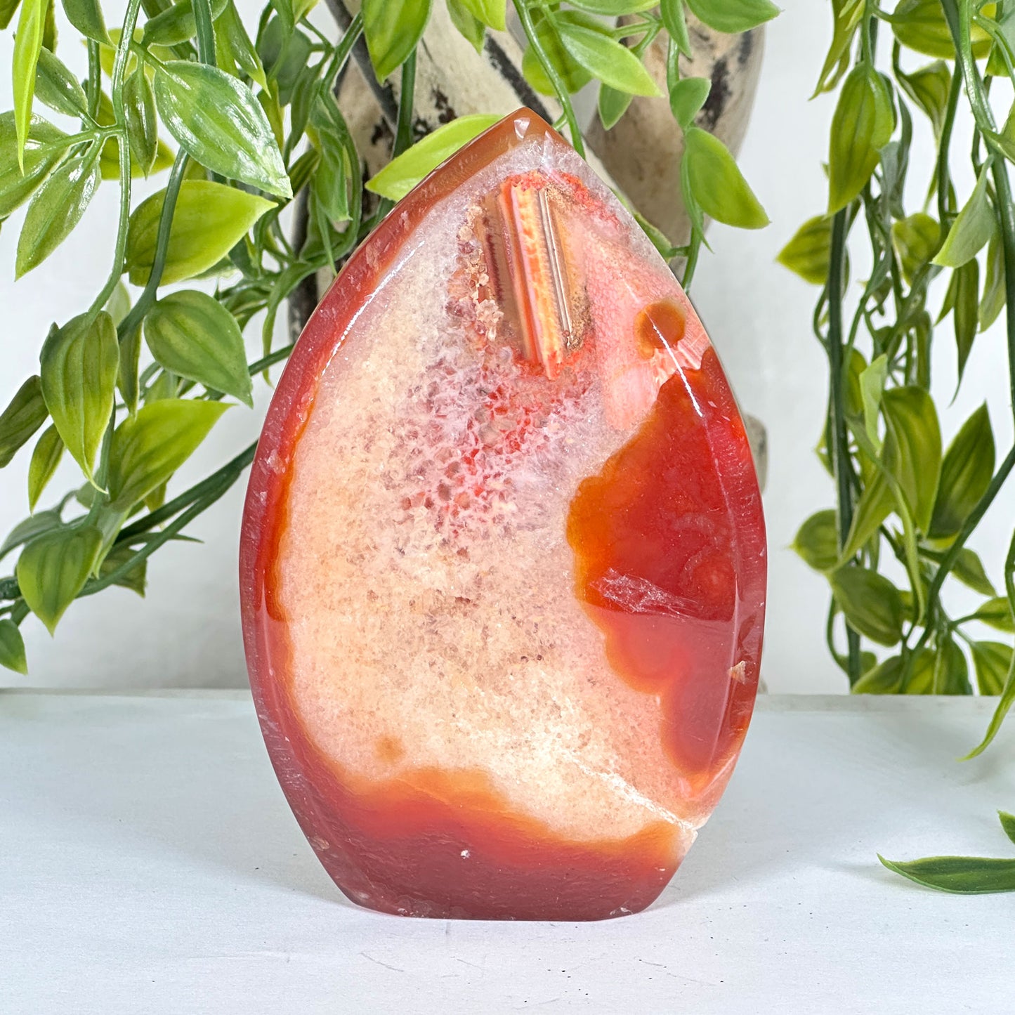 Natural Carnelian Polished Freeform Crystal with Druzy Pocket Healing Stone for Energy, Meditation & Home Decor - RPS525