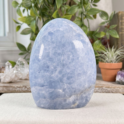 Natural Blue Celestite Freeform Crystal 4.25" Polished Madagascar Mineral Specimen Display Stone