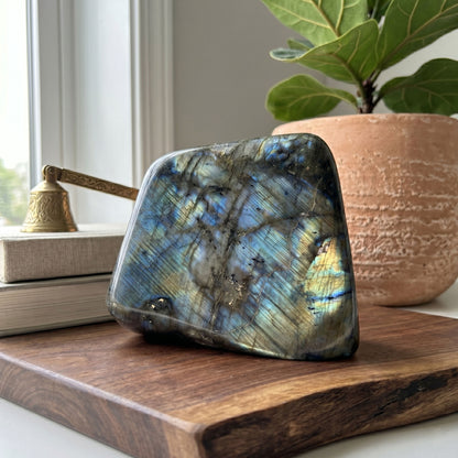 Polished Madagascar Labradorite Freeform 4.5" Large Iridescent Crystal Display Stone