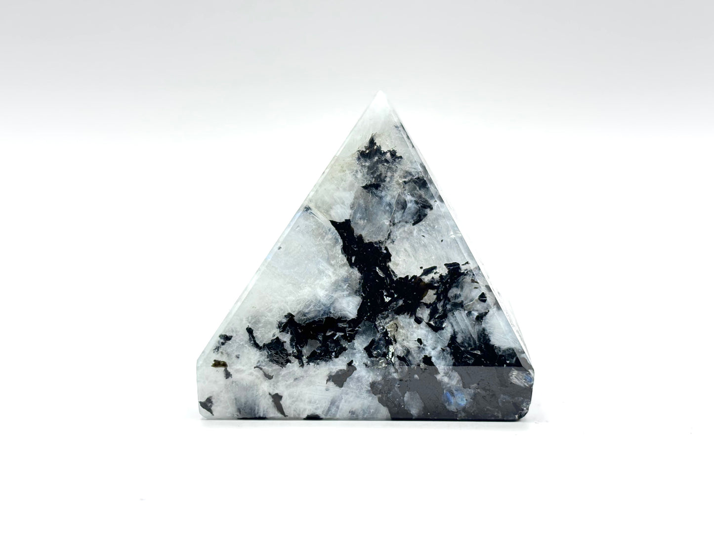 Rainbow Moonstone Pyramid with Black Tourmaline Inclusions, Natural Healing Crystal Stone for Meditation & Home Decor