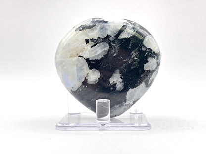 Rainbow Moonstone Heart with Black Tourmaline Inclusions Natural Crystal Healing Stone for Intuition & Home Decor
