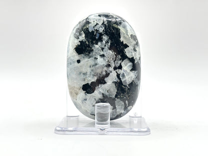 Rainbow Moonstone Palm Stone with Black Tourmaline Inclusions Natural Crystal Polished Healing Gemstone