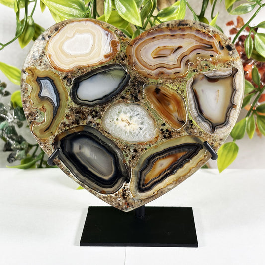 Agate Mosaic Heart Crystal Display Natural Polished Gemstone, Decorative