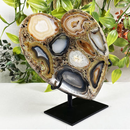 Agate Mosaic Heart Crystal Display Natural Polished Gemstone, Decorative