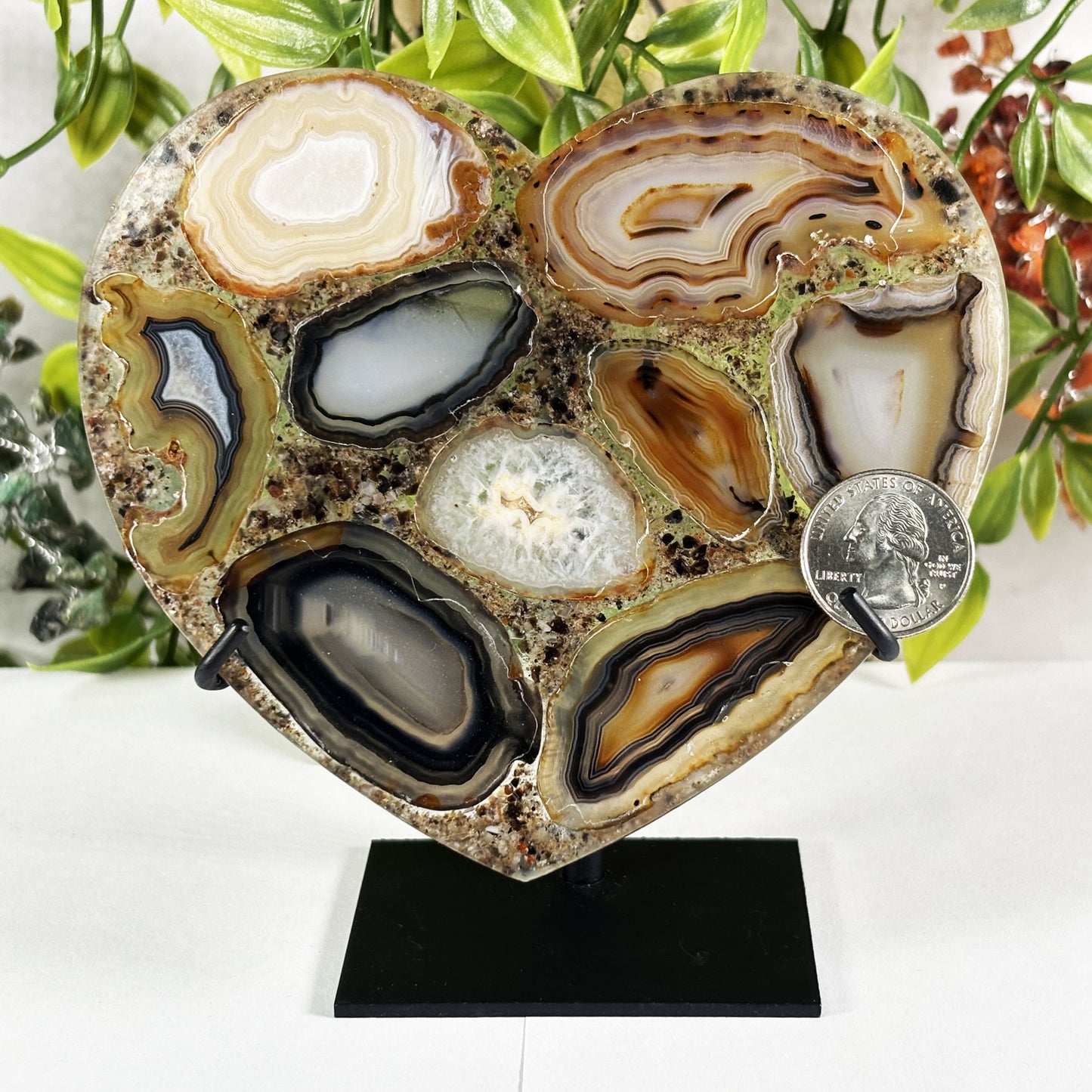 Agate Mosaic Heart Crystal Display Natural Polished Gemstone, Decorative