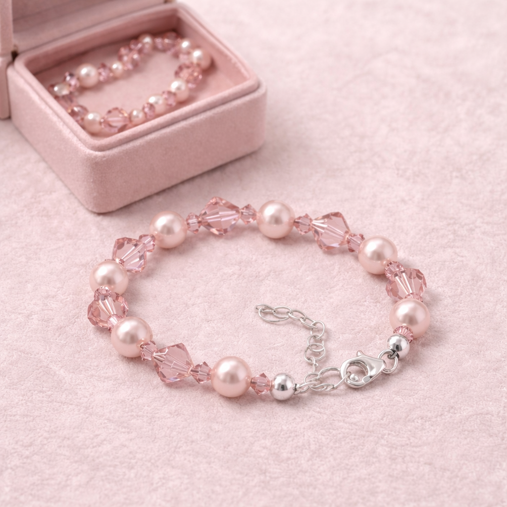 8mm Pink Faux Pearl with Austrian Crystals 925 Sterling Silver 7 Inch Bracelet