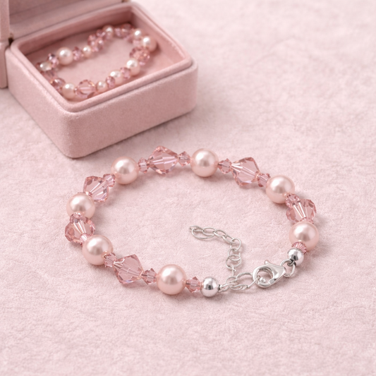 8mm Pink Faux Pearl with Austrian Crystals 925 Sterling Silver 7 Inch Bracelet