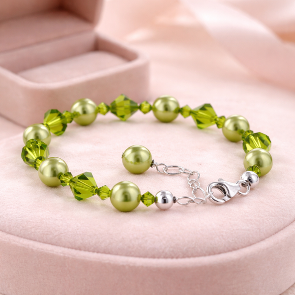8mm Green Faux Pearl with Austrian Crystals 925 Sterling Silver 7 Inch Bracelet