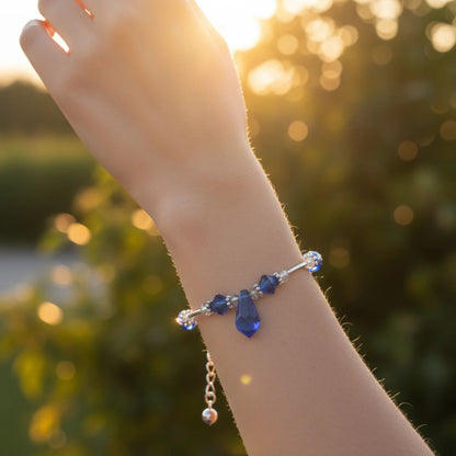 Blue Austrian Crystals 7 to 8.5 Inch Long 925 Sterling Silver Bracelet
