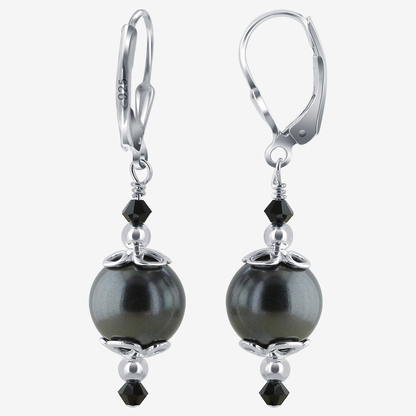 .925 Sterling Silver Drop Earrings with Faux Pearl and Bicone Austrian Crystals